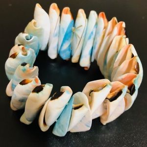 Wide Stretch Blue & Orange Shell Bracelet 1-1/2” wide